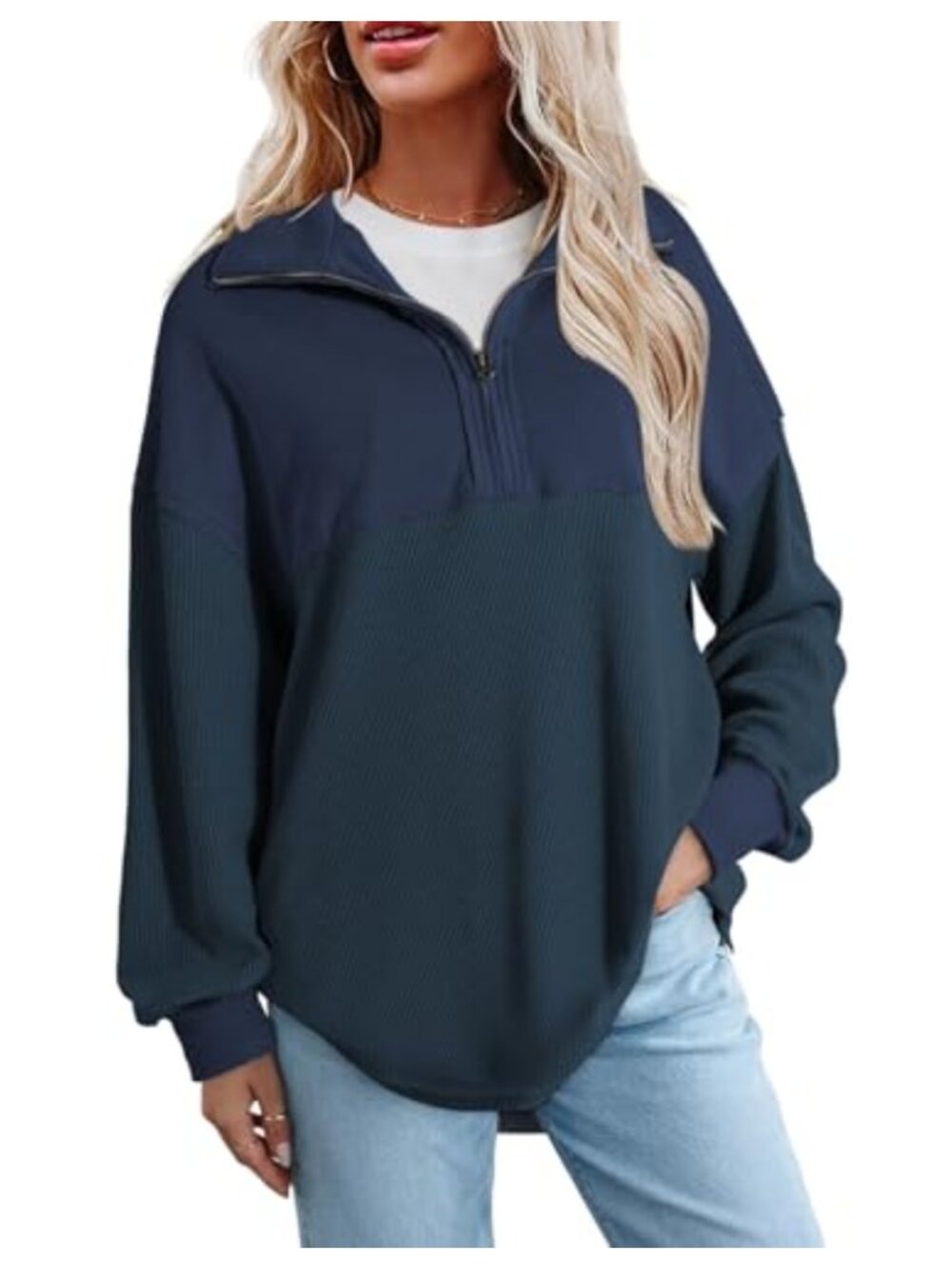 Women's Half Zip Sweatshirt Oversized Pullover Long Sleeve Waffle Knit Top